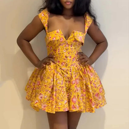 Women Sleeveless Floral Printed Big Swing Ball Gown Dress 2025 Summer Holiday Night Club Party Vestidos Sexy Dresses