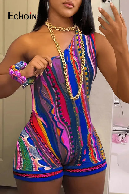Womens sloping shoulders Multicolor Print Bodysuits One Shoulder Tribal Romper Summer Sleeveless Stretch Slim Jumpsuits somè