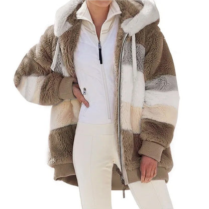 Europe and America 2023 Autumn and Winter Warm Plush Panel Zipper Pocket Hooded Loose Coat Women