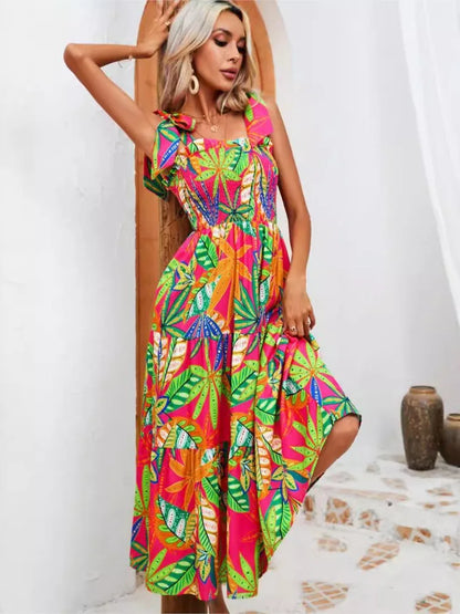 Summer Print Floral Women Dress Fashion Spaghetti Strap Elegant Casual Loose Long Dresses For Women New Holiday Party Dress somè
