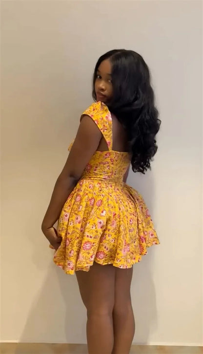 Women Sleeveless Floral Printed Big Swing Ball Gown Dress 2025 Summer Holiday Night Club Party Vestidos Sexy Dresses