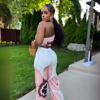 Women Set Floral Print Sleeveless Skew Collar Tops +Wide Leg Pants Two 2 Piece Set Outfit  Summer Street Tracksuit somè