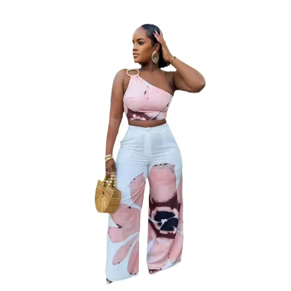 Women Set Floral Print Sleeveless Skew Collar Tops +Wide Leg Pants Two 2 Piece Set Outfit  Summer Street Tracksuit somè