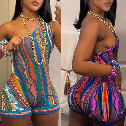 Womens sloping shoulders Multicolor Print Bodysuits One Shoulder Tribal Romper Summer Sleeveless Stretch Slim Jumpsuits somè