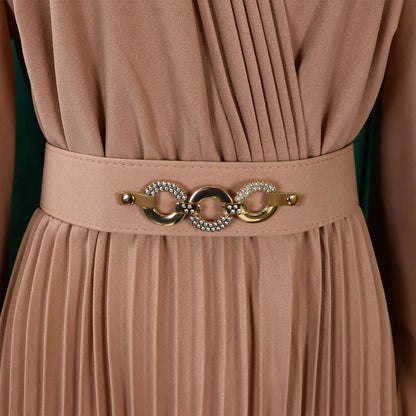 summer new V-neck fashion elegant solid color pleated dress klt