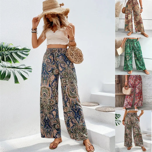 Women's thigh pants flower 2024 summer new fashionable printed elastic waist wide leg pants