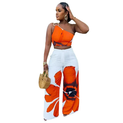 Women Set Floral Print Sleeveless Skew Collar Tops +Wide Leg Pants Two 2 Piece Set Outfit  Summer Street Tracksuit somè