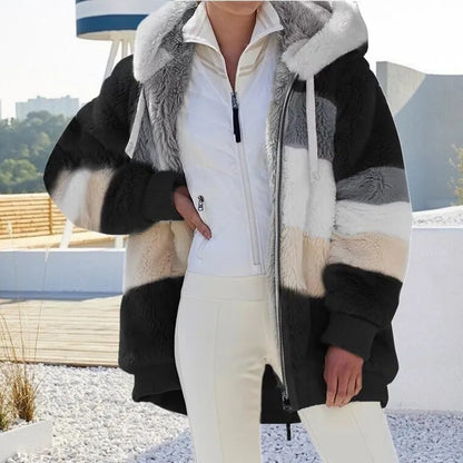 Europe and America 2023 Autumn and Winter Warm Plush Panel Zipper Pocket Hooded Loose Coat Women