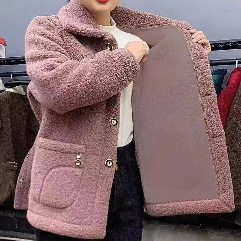 Women Winter Coat Soft Thick Plush Solid Color Pockets Vintage Lapel Warm Cold Resistant Long Sleeve Single-breasted Outwear
