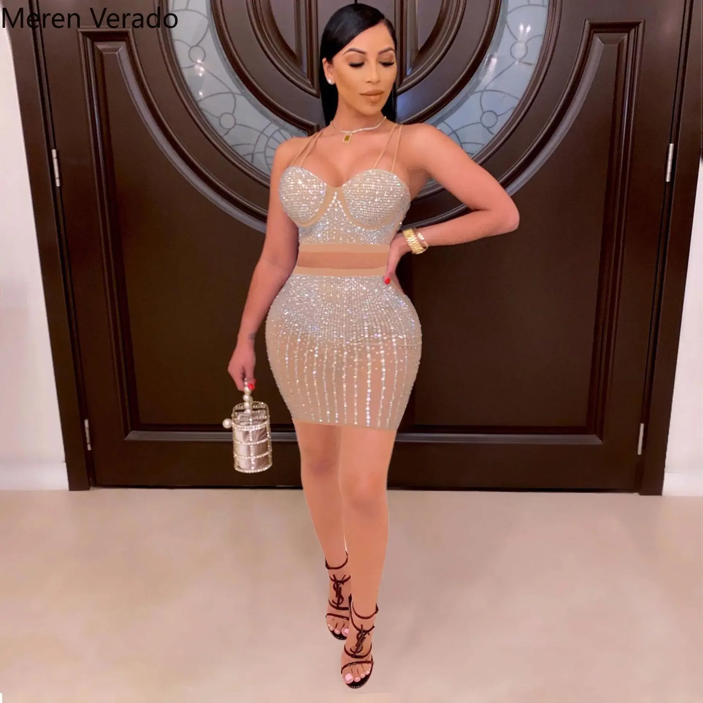 Diamonds Hot Rhinestones Elegant Women's Set Crop Top And Midi Mini Skirts Suit Sexy Club Outfits Two 2 Piece Set kpy