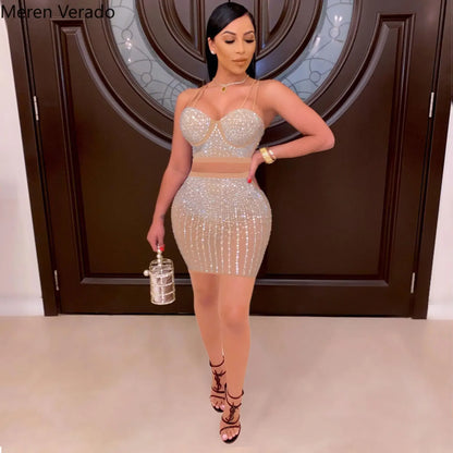 Diamonds Hot Rhinestones Elegant Women's Set Crop Top And Midi Mini Skirts Suit Sexy Club Outfits Two 2 Piece Set kpy