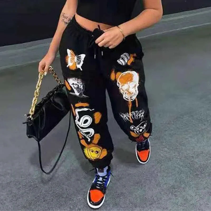 2024 Daily Women Sweatpants Joggers Y2K Harajuku Cartoon Skull Printed Streetwear Sweatpants Pants Casual High Waist Sweatpants