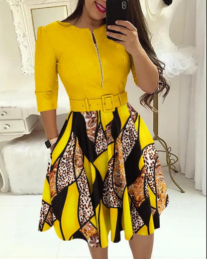 Women Office Lady Mini Dress Long Sleeve O Neck Zipper With Belt Pocket Long Sleeve Workwear Print Patchwork OL Autumn Dresses