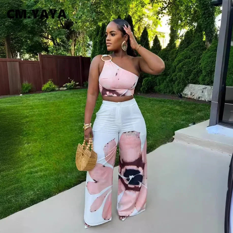Women Set Floral Print Sleeveless Skew Collar Tops +Wide Leg Pants Two 2 Piece Set Outfit  Summer Street Tracksuit somè