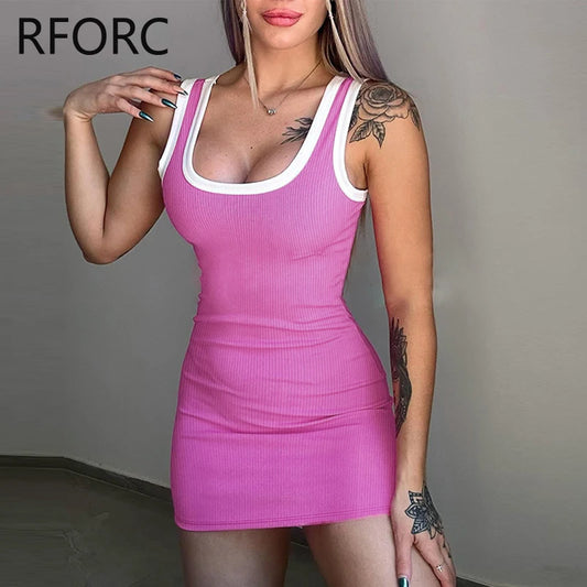 Women Fashion Solid Tank Sleeveless Round Neck Side Patch Casual Skinny Basic Mini Dress somè