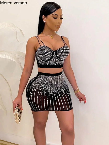 Diamonds Hot Rhinestones Elegant Women's Set Crop Top And Midi Mini Skirts Suit Sexy Club Outfits Two 2 Piece Set kpy