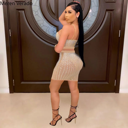 Diamonds Hot Rhinestones Elegant Women's Set Crop Top And Midi Mini Skirts Suit Sexy Club Outfits Two 2 Piece Set kpy