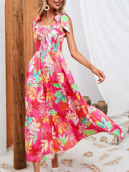 Summer Print Floral Women Dress Fashion Spaghetti Strap Elegant Casual Loose Long Dresses For Women New Holiday Party Dress somè