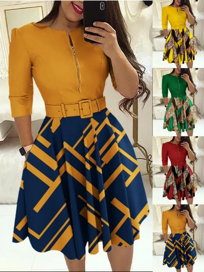 Women Office Lady Mini Dress Long Sleeve O Neck Zipper With Belt Pocket Long Sleeve Workwear Print Patchwork OL Autumn Dresses