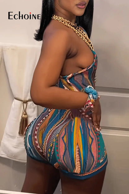 Womens sloping shoulders Multicolor Print Bodysuits One Shoulder Tribal Romper Summer Sleeveless Stretch Slim Jumpsuits somè