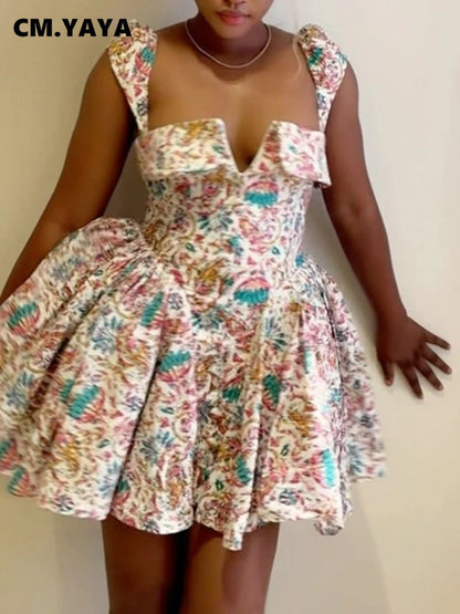 Women Sleeveless Floral Printed Big Swing Ball Gown Dress 2025 Summer Holiday Night Club Party Vestidos Sexy Dresses