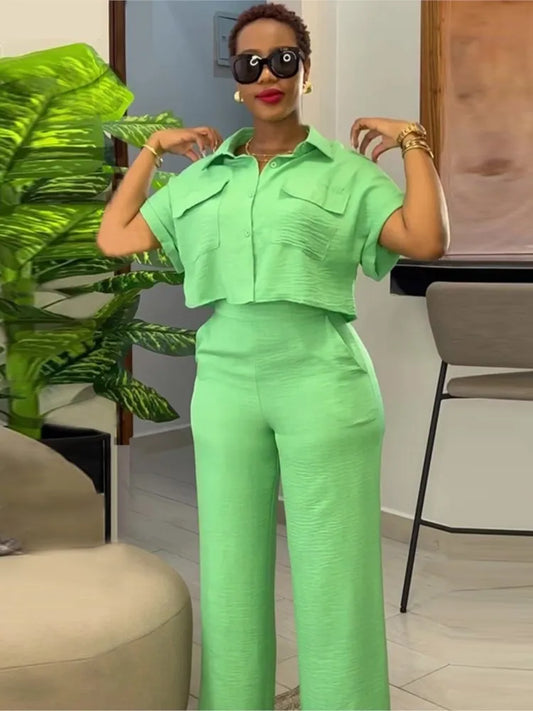 Women's Two Piece Sets Spring Summer Casual Solid Turn-down Neck Short Sleeve Loose Top & Wide Leg Pants Set  Streetwear Outfits somè
