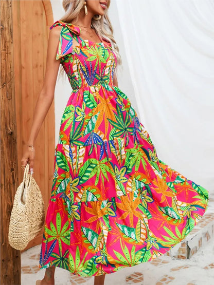 Summer Print Floral Women Dress Fashion Spaghetti Strap Elegant Casual Loose Long Dresses For Women New Holiday Party Dress somè