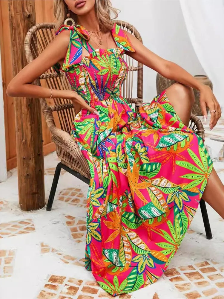 Summer Print Floral Women Dress Fashion Spaghetti Strap Elegant Casual Loose Long Dresses For Women New Holiday Party Dress somè