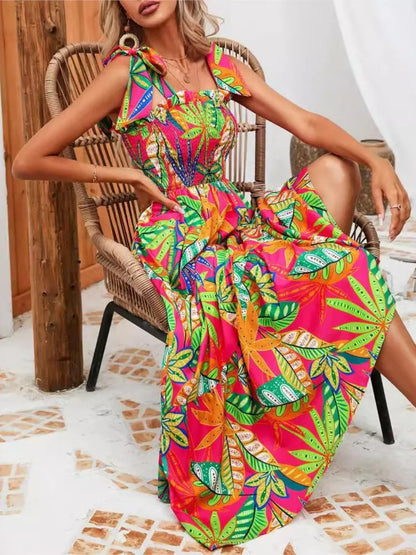 Summer Print Floral Women Dress Fashion Spaghetti Strap Elegant Casual Loose Long Dresses For Women New Holiday Party Dress somè