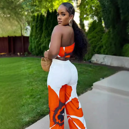 Women Set Floral Print Sleeveless Skew Collar Tops +Wide Leg Pants Two 2 Piece Set Outfit  Summer Street Tracksuit somè
