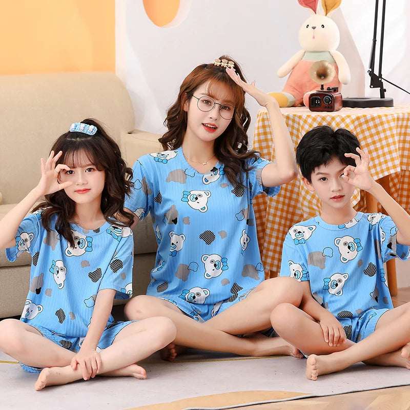 2 pieces for boys and girls pajamas Summer parent-child thin short sleeve cute neutral children's set CuHK children's homewear