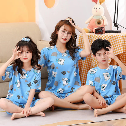 2 pieces for boys and girls pajamas Summer parent-child thin short sleeve cute neutral children's set CuHK children's homewear