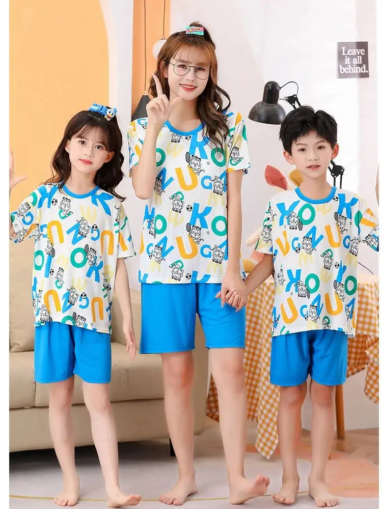 2 pieces for boys and girls pajamas Summer parent-child thin short sleeve cute neutral children's set CuHK children's homewear