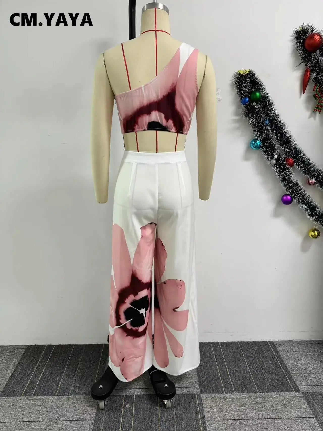 Women Set Floral Print Sleeveless Skew Collar Tops +Wide Leg Pants Two 2 Piece Set Outfit  Summer Street Tracksuit somè