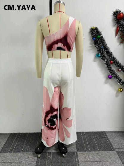 Women Set Floral Print Sleeveless Skew Collar Tops +Wide Leg Pants Two 2 Piece Set Outfit  Summer Street Tracksuit somè