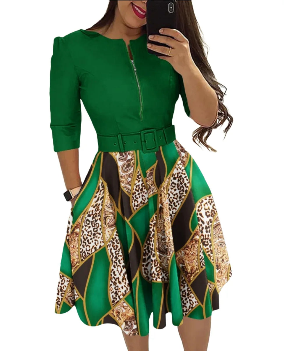 Women Office Lady Mini Dress Long Sleeve O Neck Zipper With Belt Pocket Long Sleeve Workwear Print Patchwork OL Autumn Dresses