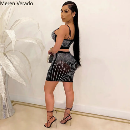 Diamonds Hot Rhinestones Elegant Women's Set Crop Top And Midi Mini Skirts Suit Sexy Club Outfits Two 2 Piece Set kpy