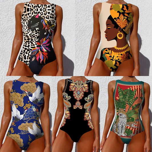 One-piece Swimsuit Classic Printed Lace Up Swimsuit Women's Push Up Flower One-piece Suit Beach Wear Bathing Suit Women somè