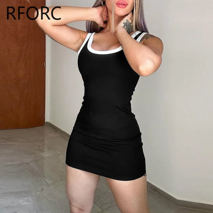 Women Fashion Solid Tank Sleeveless Round Neck Side Patch Casual Skinny Basic Mini Dress somè