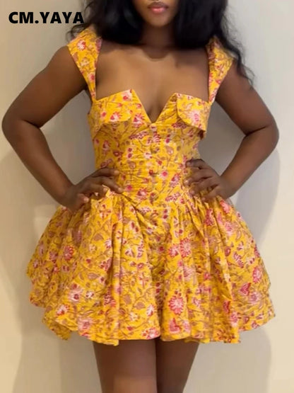 Women Sleeveless Floral Printed Big Swing Ball Gown Dress 2025 Summer Holiday Night Club Party Vestidos Sexy Dresses