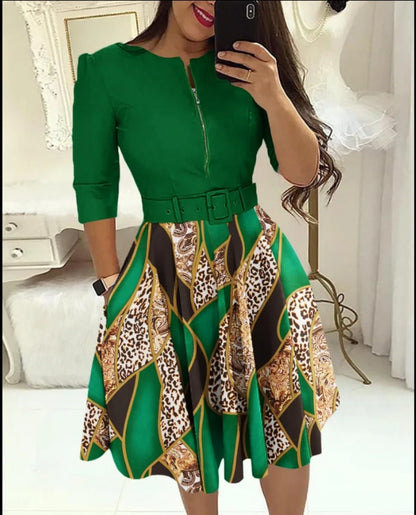 Women Office Lady Mini Dress Long Sleeve O Neck Zipper With Belt Pocket Long Sleeve Workwear Print Patchwork OL Autumn Dresses