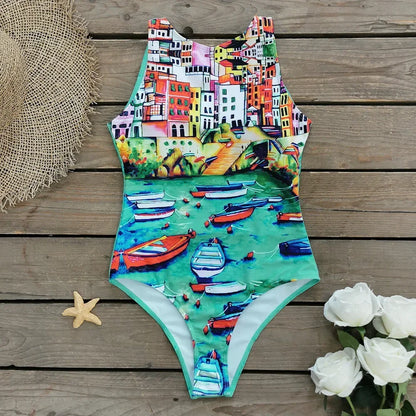 One-piece Swimsuit Classic Printed Lace Up Swimsuit Women's Push Up Flower One-piece Suit Beach Wear Bathing Suit Women somè