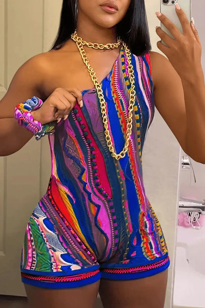 Womens sloping shoulders Multicolor Print Bodysuits One Shoulder Tribal Romper Summer Sleeveless Stretch Slim Jumpsuits somè