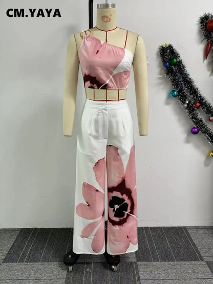 Women Set Floral Print Sleeveless Skew Collar Tops +Wide Leg Pants Two 2 Piece Set Outfit  Summer Street Tracksuit somè