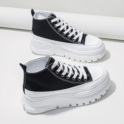 Women Lace-Up Front High Top Flatform Canvas Shoes Fashion Casual Comfortable Height Increasing Sneakers fem