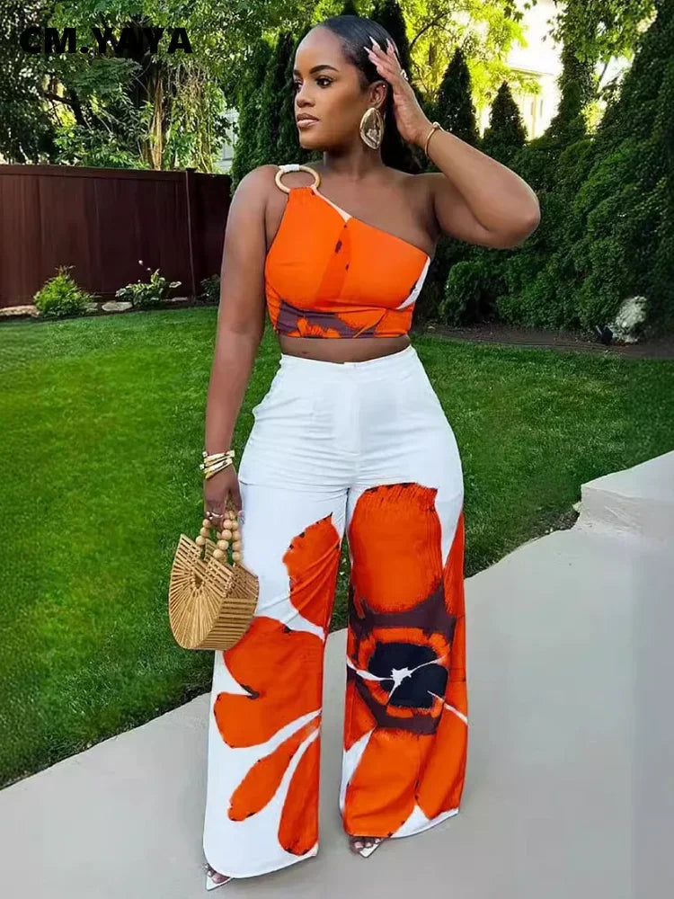 Women Set Floral Print Sleeveless Skew Collar Tops +Wide Leg Pants Two 2 Piece Set Outfit  Summer Street Tracksuit somè