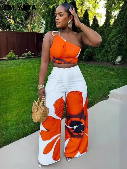 Women Set Floral Print Sleeveless Skew Collar Tops +Wide Leg Pants Two 2 Piece Set Outfit  Summer Street Tracksuit somè