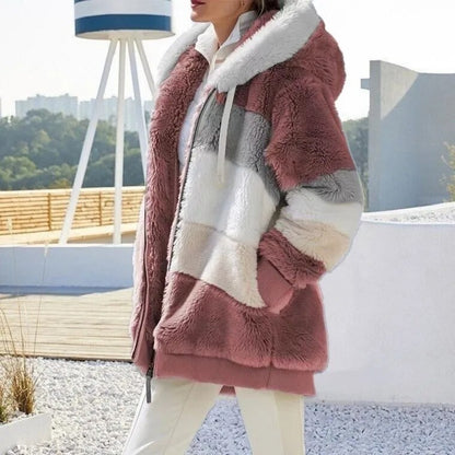 Europe and America 2023 Autumn and Winter Warm Plush Panel Zipper Pocket Hooded Loose Coat Women