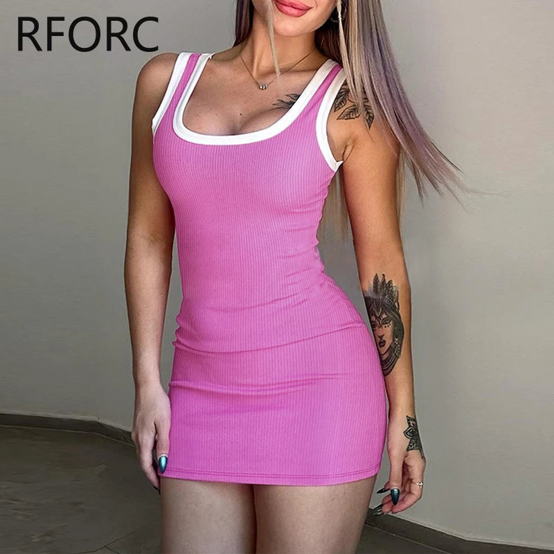 Women Fashion Solid Tank Sleeveless Round Neck Side Patch Casual Skinny Basic Mini Dress somè