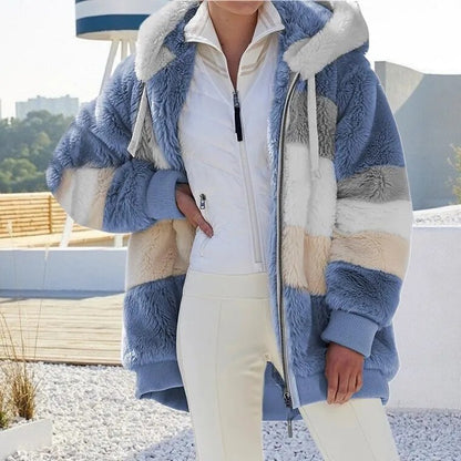 Europe and America 2023 Autumn and Winter Warm Plush Panel Zipper Pocket Hooded Loose Coat Women